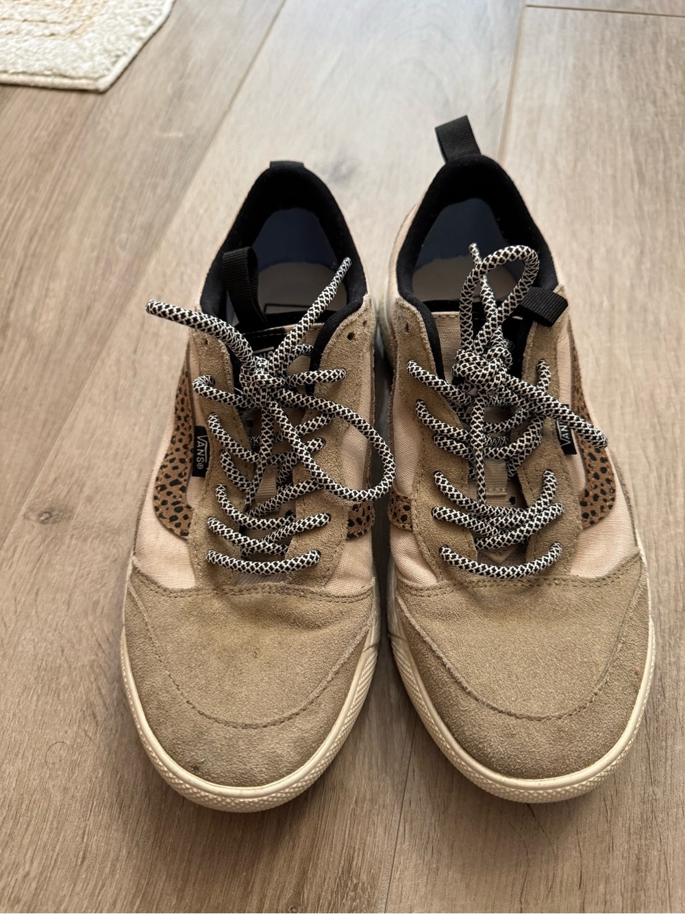 Women’s Casual Suede Lace-Up Sneakers in Tan with Leopard Accent